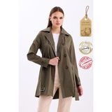 Pastelastore Esnek Pamuk Gabardin Kısa (80CM) Omuz Apoletli Kemerli Kadın Trençkot 1120 - Haki