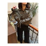 Pastelist Turuncu overlok dikiş detaylı kimono bağlama kol oversize gabardin gömlek ceket Haki Standart