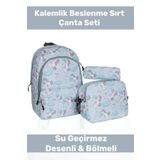 Pastimore Fermuarlı Geniş 1.kalite Su Geçirmez Desenli Bölmeli Üçlü Okul Kalemlik Beslenme Sırt Çanta Seti