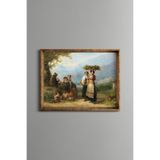 Pastoral Kadın Figürleri ve Doğa Manzarası - Vintage Desenli Çerçeve - İnce Model, Altın1, 21 x 30