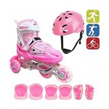 Paten Çift Sıra Ayarlanabilir Işıklı Alüminyum Gövde Alıştırma Kask+Dizlik+Dirseklik+Ellik Tam Set - Pembe - 30-33