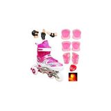Paten Işıklı Ayarlanabilir Metal Alıştırma Pateni Başlangıç ve Ileri Seviye Dizlik Dirseklik Setli - Pembe - 30-33