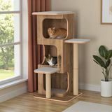 Pati Homes Pro Katlı Kedi Tırmalama Oyun Evi - 3 Yuvalı - 18MM Mdf - Minderli - Ahşap Rengi