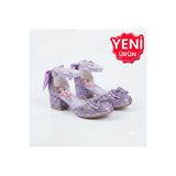 PATİK BEBE KIZ ÇOCUK MOR RENK İÇ KISMI RESİMLİ MİNİK KALIN TOPUKLU ABİYE PRENSES AYAKKABISI