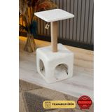 PATİSTORE Bodrum Yıkanabilir Yataklı Kedi Tırmalama Ve Oyun Evi Kulesi - Ağır Tabanlı Sağlam MDF Kedi Yuvası- Beyaz