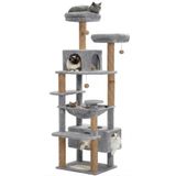 PATİSTORE Lizbon Gri Çok Katlı Yıkanabilir Wellsoft Kumaş Ağır MDF Taban Kedi Tırmalama Ve Oyun Evi Kedi Ağacı