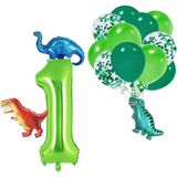 Patladı Gitti 1 Yaş Dinazor Set; Rakam Folyo, 3 Adet Mini Dinazor ve 10 Lu Balon - Açık Yeşil - Koyu Yeşil