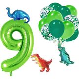 Patladı Gitti 9 Yaş Dinazor Set; Rakam Folyo, 3 Adet Mini Dinazor ve 10 Lu Balon - Açık Yeşil - Koyu Yeşil