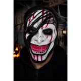 Patladı Gitti Beyaz Kanlı Gülümseyen Korku Maskesi – Siyah Saç Detaylı Halloween Cadılar Bayramı Maskesi
