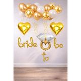 Patladı Gitti Bride To Be El Yazısı, Tek Taş Yüzük ve Kalp Folyo Balonlu Set - Gold