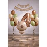 Patladı Gitti Capybara Temalı 4 Yaş Doğum Günü Balon Süsleme Seti – Karamel Doğal Ton Parti Seti