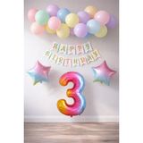 Patladı Gitti Gökkuşağı Konsepti 3 Yaş Rakam Yıldız Folyo Banner ve Makaron Balon Doğum Günü Parti Kutlama Seti