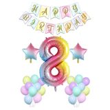 Patladı Gitti Gökkuşağı Konsepti 8 Yaş Rakam Yıldız Folyo Banner ve Makaron Balon Doğum Günü Parti Kutlama Seti