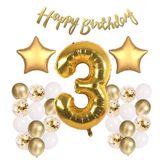 Patladı Gitti Gold Konsept 3 Yaş Doğum Günü Kutlama Seti; Beyaz Gold Konfetili Balon, Rakam Yıldız Folyo ve Banner