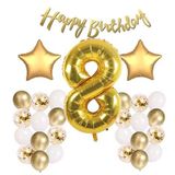 Patladı Gitti Gold Konsept 8 Yaş Doğum Günü Kutlama Seti; Beyaz Gold Konfetili Balon, Rakam Yıldız Folyo ve Banner