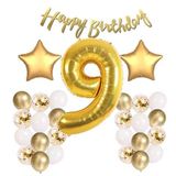 Patladı Gitti Gold Konsept 9 Yaş Doğum Günü Kutlama Seti; Beyaz Gold Konfetili Balon, Rakam Yıldız Folyo ve Banner
