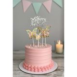 Patladı Gitti Gümüş Happy Birthday & Kelebek Pasta Süsü Seti (5 Parça)
