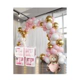 Patladı Gitti Krom Gold, Makaron Pembe ve Beyaz Balon Temalı Baby Shower Set; Baby Kutu Pembe Kalpli Ayıcık Folyo Ve Balon Zincir Set