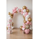 Patladı Gitti Krom Gold, Makaron Pembe ve Beyaz Balon Temalı Baby Shower Set; Baby Kutu Pembe Kalpli Ayıcık Folyo