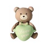 Patladı Gitti Love You Yazılı Retro Yeşil Kalpli Kahverengi Oturan Ayı Folyo Balon