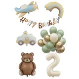 Patladı Gitti Retro 2 Yaş Doğum Günü Seti; Uçak, Araba, Gökkuşağı, Ayıcık ve 20 Adet Lateks Balon Set