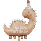 Patladı Gitti Retro Dinozor Folyo Balon Happy Birthday Yazılı Kukutelalı Dinazor Doğum Günü Balonu - Bej