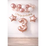 Patladı Gitti Rose Gold Konsept 3 Yaş Doğum Günü Kutlama Seti; Beyaz Gold Konfetili Balon, Rakam Yıldız Folyo ve B