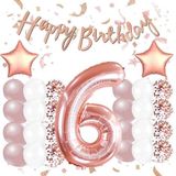 Patladı Gitti Rose Gold Konsept 6 Yaş Doğum Günü Kutlama Seti; Beyaz Gold Konfetili Balon, Rakam Yıldız Folyo ve Banner
