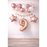 Patladı Gitti Rose Gold Konsept 9 Yaş Doğum Günü Kutlama Seti; Beyaz Gold Konfetili Balon, Rakam Yıldız Folyo ve B