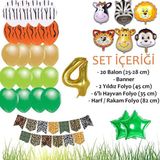 Patladı Gitti Safari Konsepti 4 Yaş Doğum Günü Parti Kutlama Seti; Rakam ve Yıldız Folyo, Banner ve Balon Zinciri - Renkli
