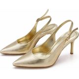 Patron Shoes Kadın 8 cm Topuklu Hakiki Deri Sivri Burun Bantlı Şık Klasik Ayakkabı - Gold