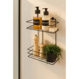 Patulya Aksesuar 2 Katlı Siyah Yapışkanlı Banyo Rafı, Duş, Şampuanlık Düzenleyici, Paslanmaz Metal (VİDALA/YAPIŞTIR)