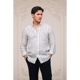 Paul Martin Regular Fit Düğmeli Yaka Çizgili Ham Keten Gömlek - 2XL - Lacivert
