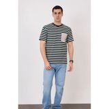 Pavotti Erkek Haki -Beyaz Çizgili Bisiklet Yaka,cep Detaylı Süprem Kumaş T-Shirt ,günlük Rahat Kesim - 0004-Haki