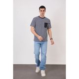 Pavotti Erkek Indigo -Beyaz Çizgili Bisiklet Yaka,cep Detaylı Süprem Kumaş T-Shirt ,günlük Rahat Kesim - 2XL - Indigo - Beyaz