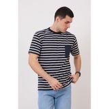 Pavotti Erkek Lacivert -Beyaz Çizgili Bisiklet Yaka,Cep Detaylı Süprem Kumaş T-Shirt ,Günlük Dar Kesim