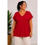 Paw Garage Kadın Büyük Beden Günlük Bluz - Geniş V Yaka Kısa Kol Bluz - 2XL - Kırmızı