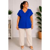 Paw Garage Kadın Büyük Beden Günlük Bluz - Geniş V Yaka Kısa Kol Bluz - 2XL - Saks
