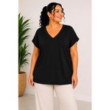 Paw Garage Kadın Büyük Beden Günlük Bluz - Geniş V Yaka Kısa Kol Bluz - 2XL - Siyah