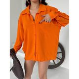 Paw Garage Kadın Flory Ayrobin Oversize Tek Cep Gömlek - Turuncu - Standart