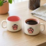 Pawicci 2'li El Yapımı Seramik Kupa Seti, Kedi Desenli Kalp Motifli Stoneware Mug, 200 ml, Kırmızı İçli Doğal Seramik, Çay Kahve Bardağı, Kedi Severlere Hediye (PEMBE)