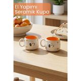 Pawicci 2'li Seramik Köpek Desenli Kupa, El Yapımı Doğal Fincan Takımı 200 ml Doğal Çay Kahve Kupası - Turuncu