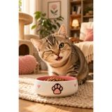 Pawicci Lüks Seramik Mama Kabı Pati Kedi Köpek Kalp Desen Kabartmalı Doğal Renkli Kedi ve Köpek Yemek Su Kasesi, Devrilmez Premium Dekoratif Porselen Yapı 1 Adet Tekli (PEMBE)