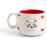 Pawicci Seramik Kedi Desenli Kupa, El Yapımı Doğal Kupa, 200 ml Çay Kahve Kupası Motifli Fincan - Kırmızı