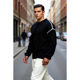 PayBuy Erkek Büyük Beden Oversize Fit Bisiklet Yaka Biye Detaylı Düşük Kol Triko Kazak Kış Sezonu Için - Siyah - 2XL