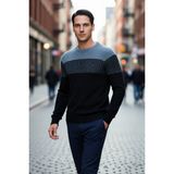PayBuy Erkek Fitted Bisiklet Yaka Uzun Kollu Renk Bloklu Akrilik Triko Kazak Günlük Şıklık Için Ideal - Koyu Lacivert - 2XL