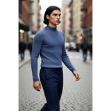 PayBuy Erkek Fitted Dar Kalıp Dik Yaka Uzun Kol Fitilli Triko Kazak Kış Günleri Için Şık ve Rahat Seçim - Indigo - 2XL