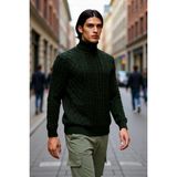 PayBuy Erkek Fitted Kalıp Triko Balıkçı Yaka Saç Örgü Desenli Kalın Standart Kol Günlük Şık Kazak - Haki - XL