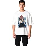 PayBuy Erkek Oversize Anime Baskılı Tişört Boynuzlu Karakter Kedi Sevenlere Özel Dtf Baskı Günlük Rahat - Beyaz - 2XL