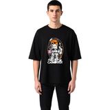 PayBuy Erkek Oversize Astronot Kedi Baskılı Tişört %100 Pamuk Rahat Kesim Grafik Desen Günlük Giyim Modern - Siyah - 2XL